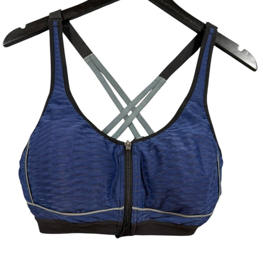 Victoria's Secret Sport Front Zip Sports Bra Blue Criss Cross Back Impact 34D